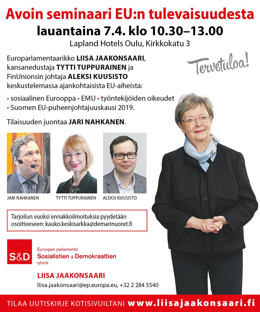 Tervetuloa EU-aiheiseen seminaariin la 7.4. klo 10.30-13, Lapland Hotels Oulu