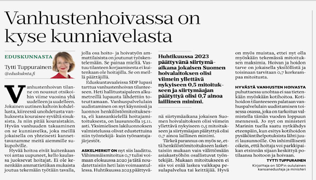 Vanhustenhoivassa on kyse kunniavelasta