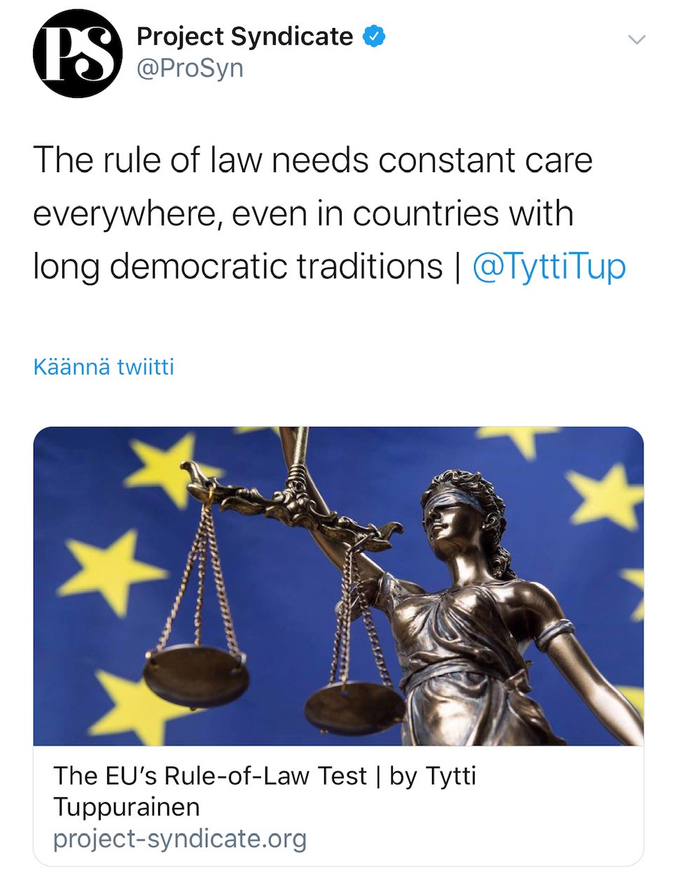 Kirjoitukseni Project Syndicatessa: The EU’s Rule-of-Law Test