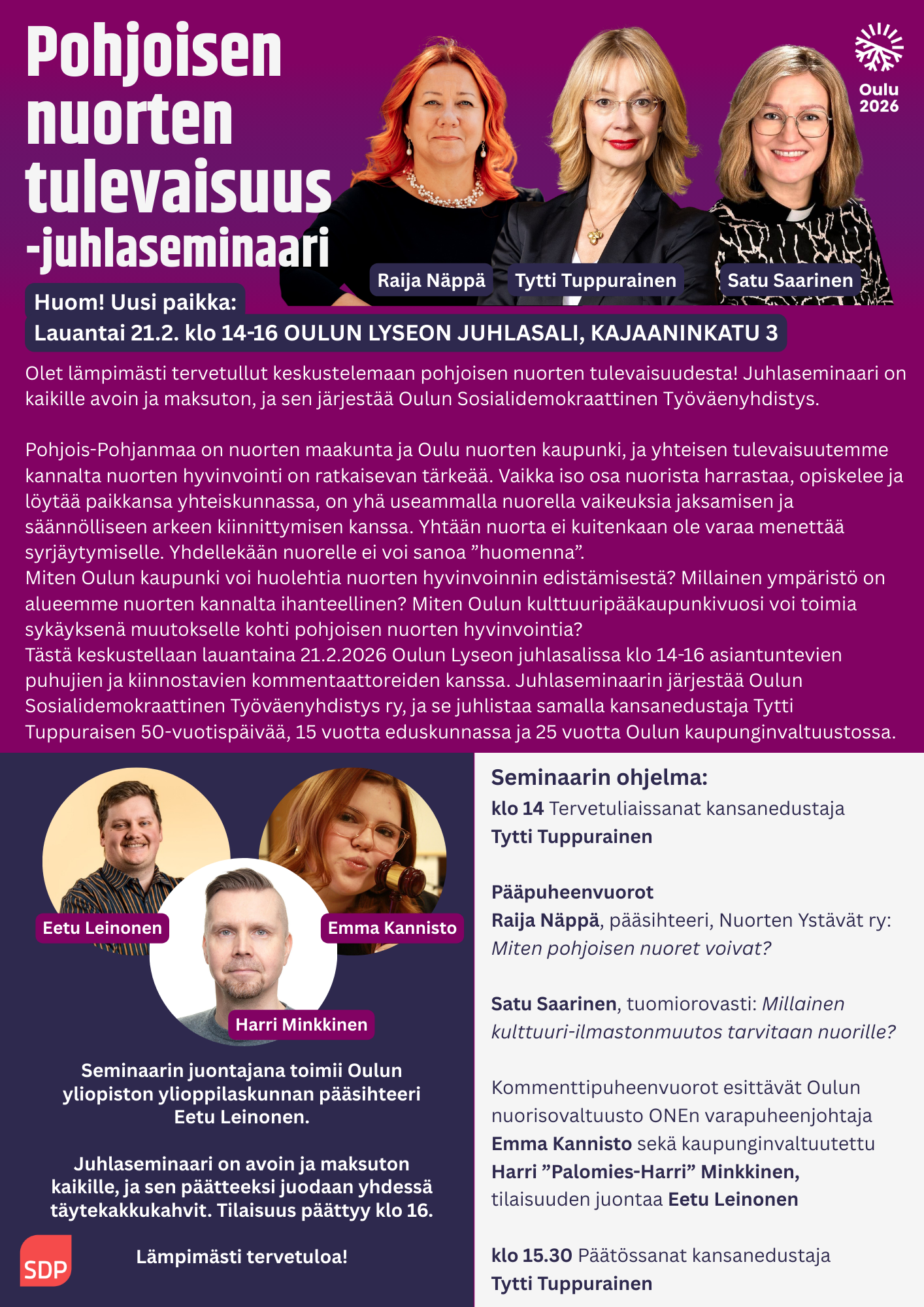 Tervetuloa Pohjoisen nuorten tulevaisuus -juhlaseminaariin 21.2. (uusi paikka)